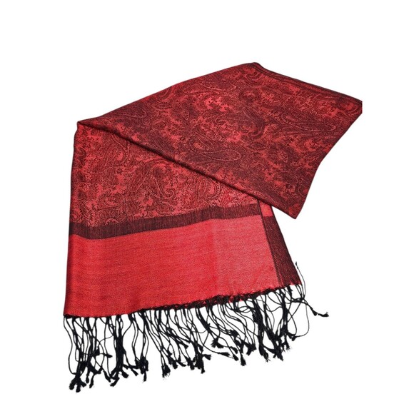 Womens Cashmere Silk Pashmina Red Paisley Scarf Wrap Shawl Stole Fringe 68x26 - Picture 4 of 16